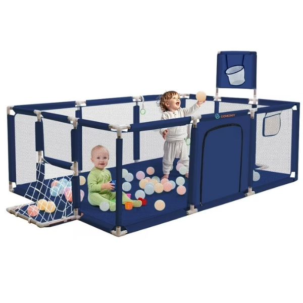Foldable Baby Playpen with Basketball Hoop – Kids Play Fence Activity Center with Safety Protection