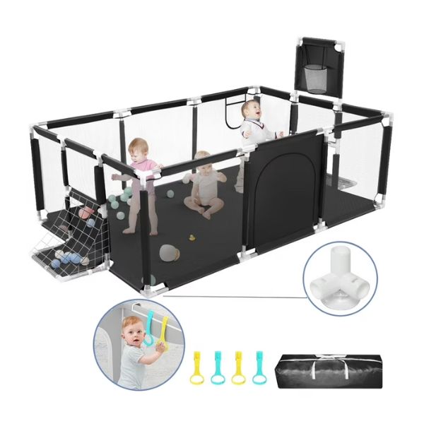 Foldable Baby Playpen with Basketball Hoop – Kids Play Fence Activity Center with Safety Protection