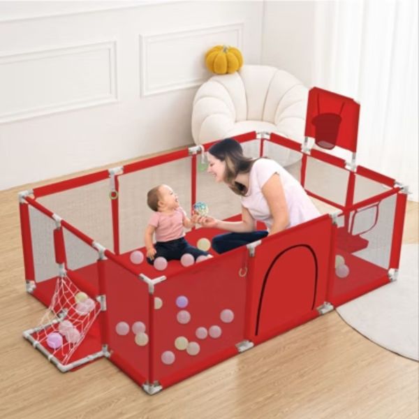 Foldable Baby Playpen with Basketball Hoop – Kids Play Fence Activity Center with Safety Protection