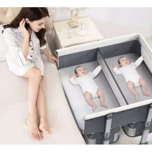 Twin Baby Bed Bassinet – Convertible 3-in-1 Co Sleeper Crib with Rocking Function, Wheels & Storage