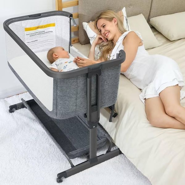 Adjustable Baby Bassinet Bedside Sleeper – Foldable Side Baby Crib with Storage Basket for Newborns